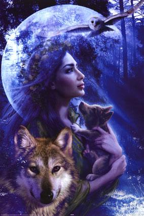 La femme,le loup et le hibou au clair de lune